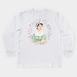 Jane Austen: Portrait in Marbled Bookbinding Paper Kids Long Sleeve T-Shirt